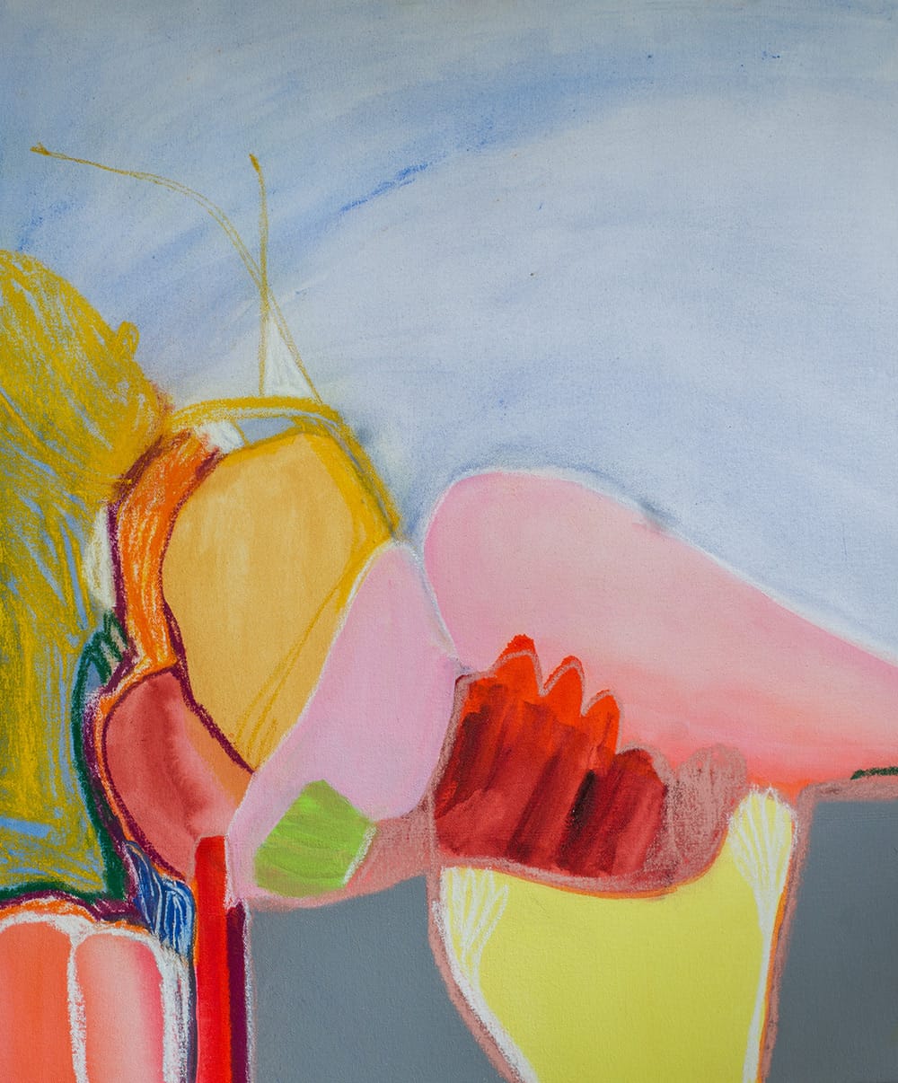 This painting was made after the birth of Kaylan's daughter, River. 'She was born in such a flowing, peaceful way. This painting juxtaposes that emotion with the physical feeling of giving birth.'