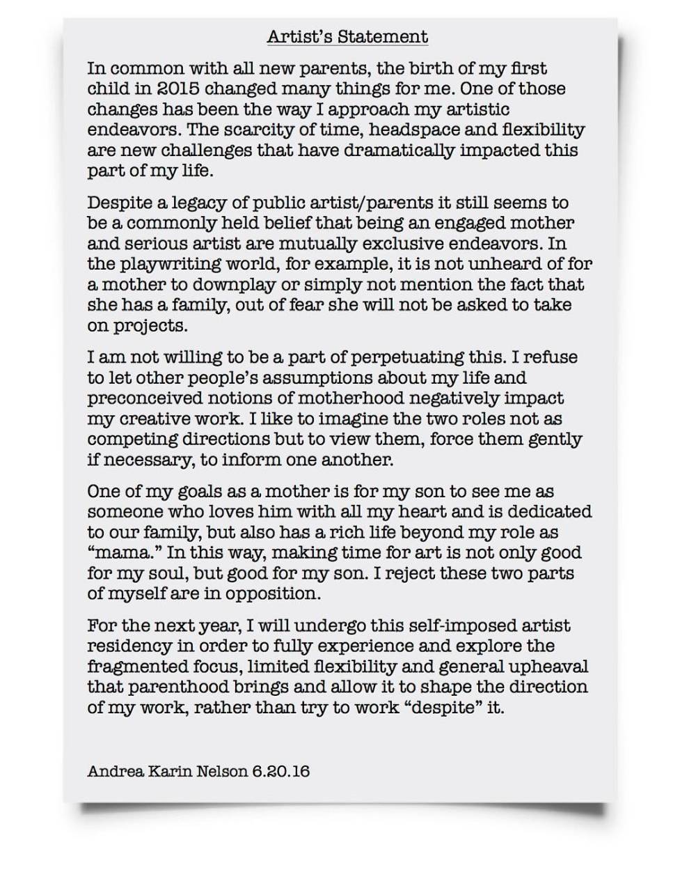 Andrea's Artist Statement for her Artist's Residency in Motherhood. 
